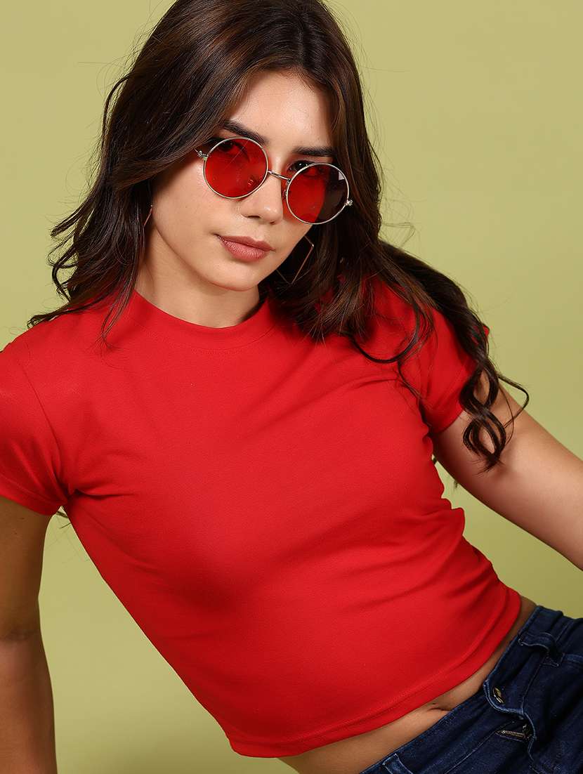 women red solid short sleeve crop t-shirt