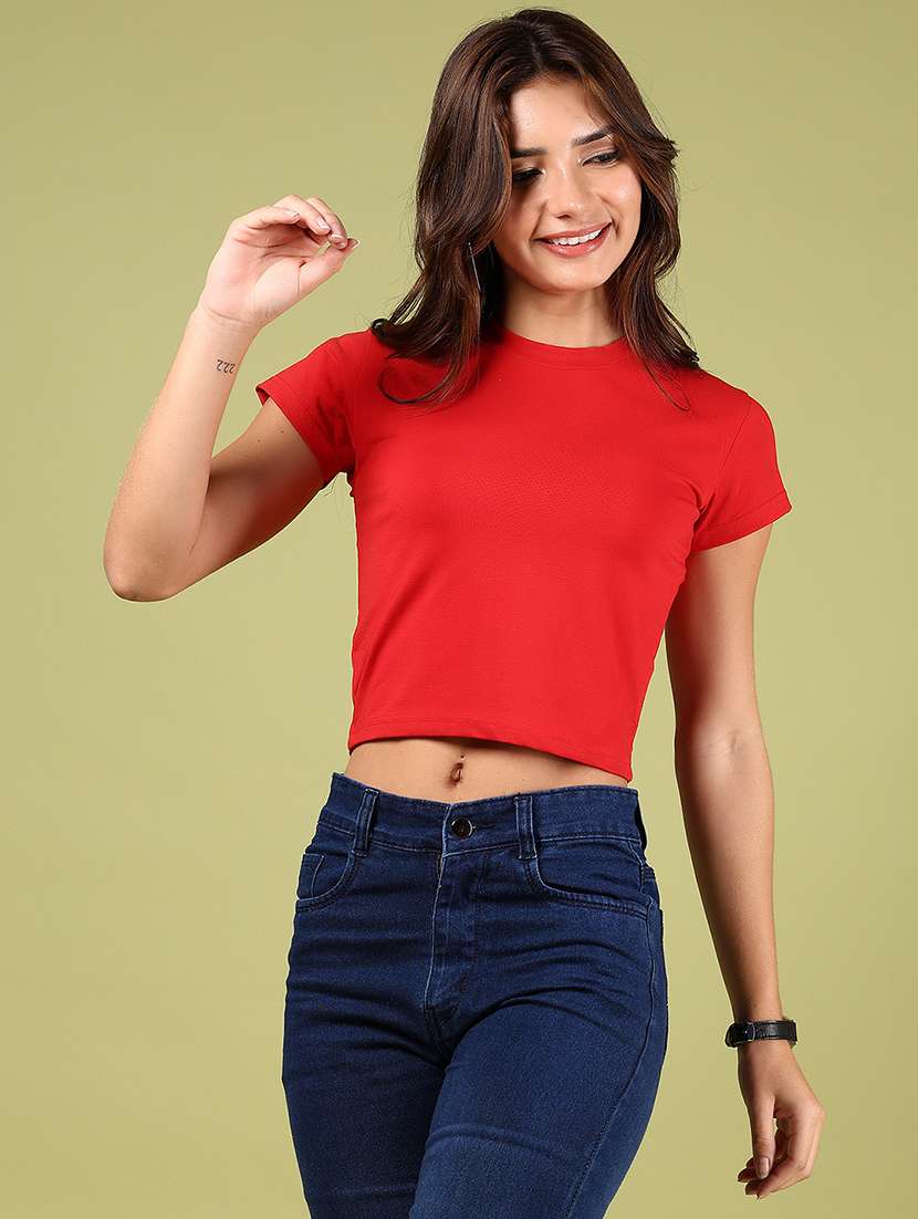 women red solid short sleeve crop t-shirt - 21795109 -  Standard Image - 1