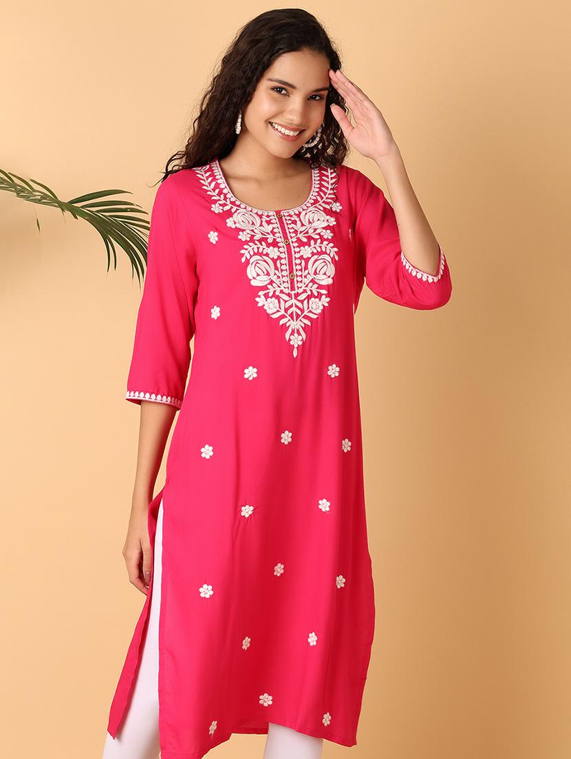 pink embroidered mandarin collar straight kurta - 21795125 -  Zoom Image - 0