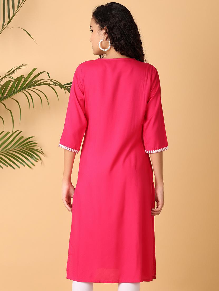 pink embroidered mandarin collar straight kurta - 21795125 -  Standard Image - 1