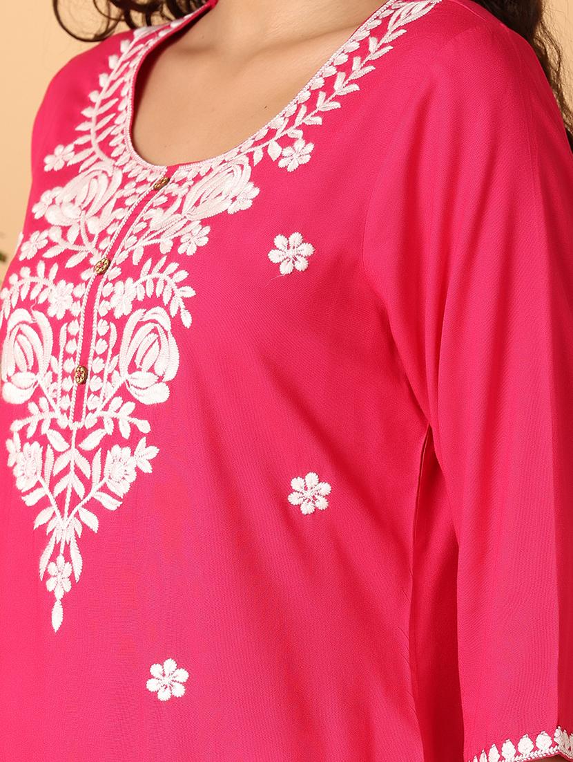 pink embroidered mandarin collar straight kurta - 21795125 - Standard Image - 4