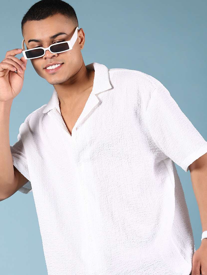 men textured cuban collared loose fit casual shirt