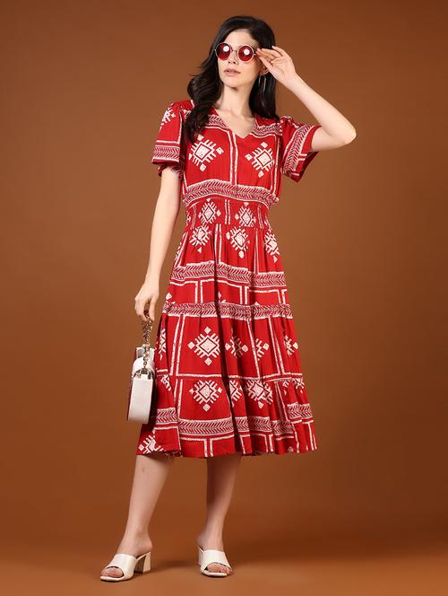 women red printed v neck tiered dress - 21795208 -  Standard Image - 0