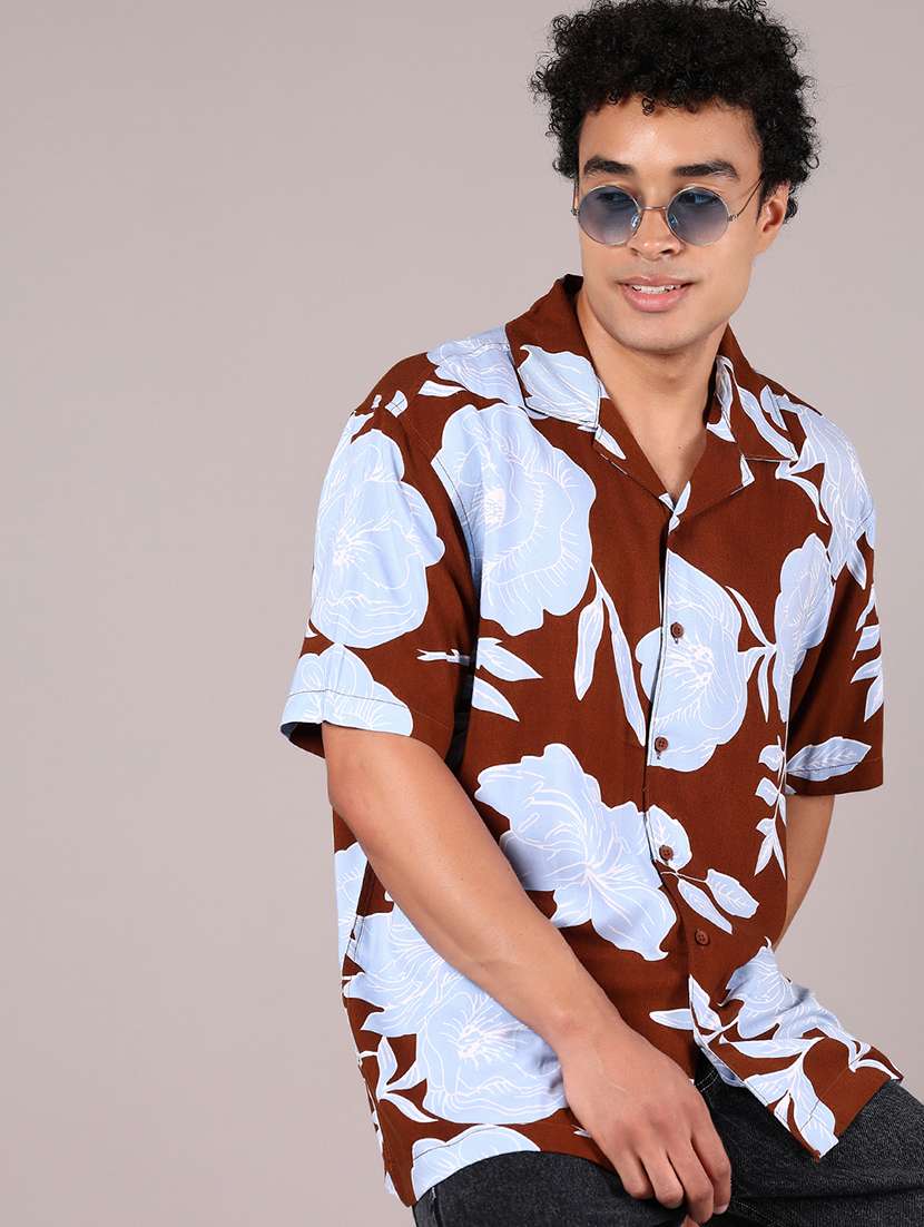 men floral printed short sleeve loose fit casual shirt