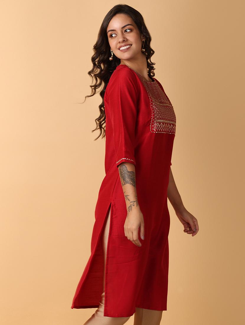 red embroidered straight kurta with round neck - 21795257 -  Standard Image - 1