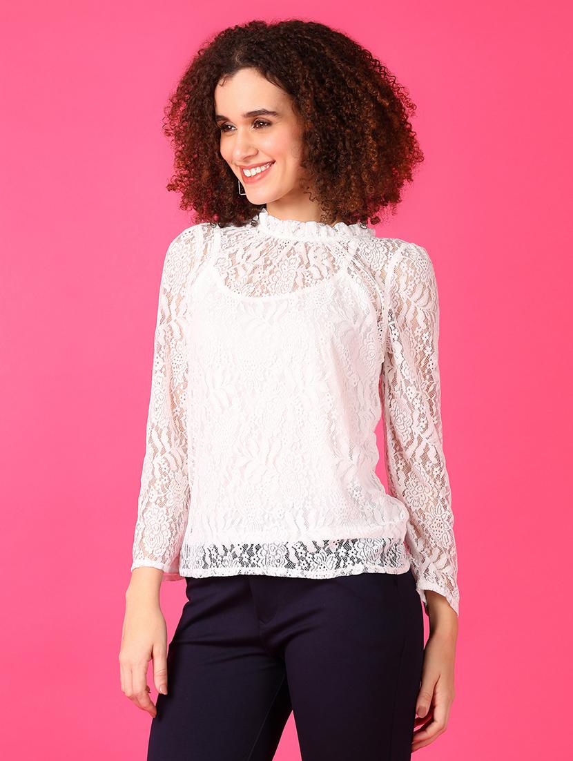 women white mock neck long sleeve lace top - 21795295 - Standard Image - 1