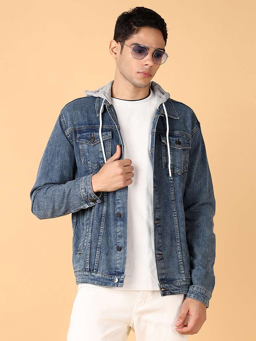 men typographic long sleeve hooded denim jacket - 21795314 - Standard Image - 1
