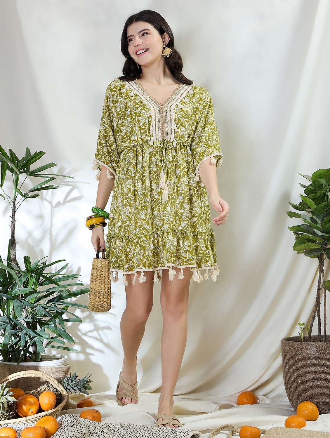 women printed lace detailed tiered dress