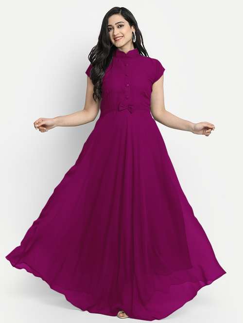 women mandarin neck fit & flared maxi dress - 21796561 -  Standard Image - 0