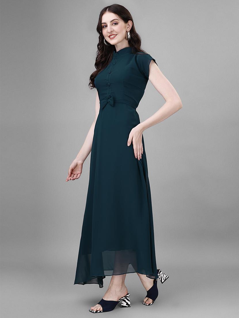 women mandarin neck fit & flared maxi dress