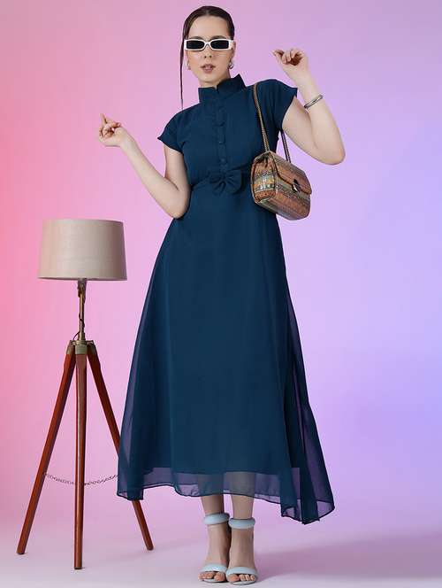 women mandarin neck fit & flared maxi dress - 21796578 -  Standard Image - 0