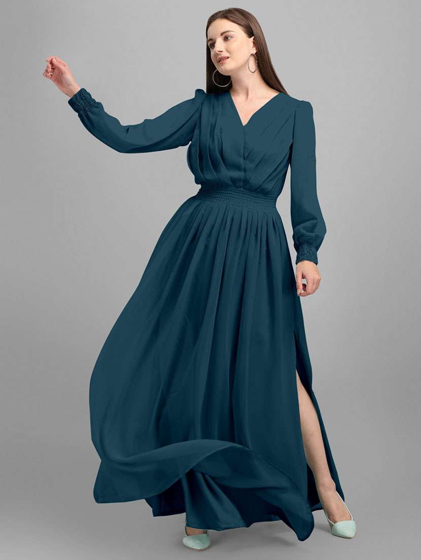 women puff sleeves high slit fit & flared maxi dress