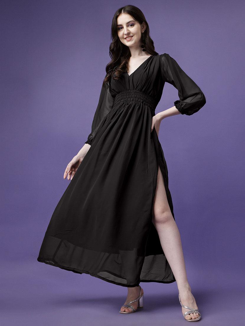 women puff sleeves high slit fit & flare dress - 21796611 - Zoom Image - 0