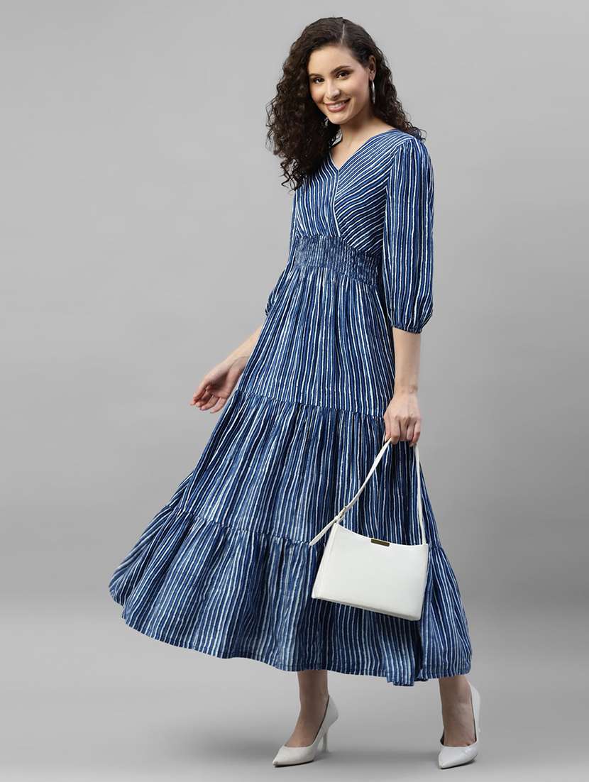 women striped puff sleeves overlap neck tiered dress