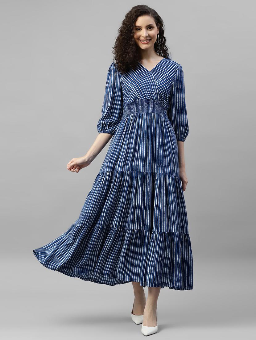 women striped puff sleeves overlap neck tiered dress - 21796642 - Zoom Image - 0