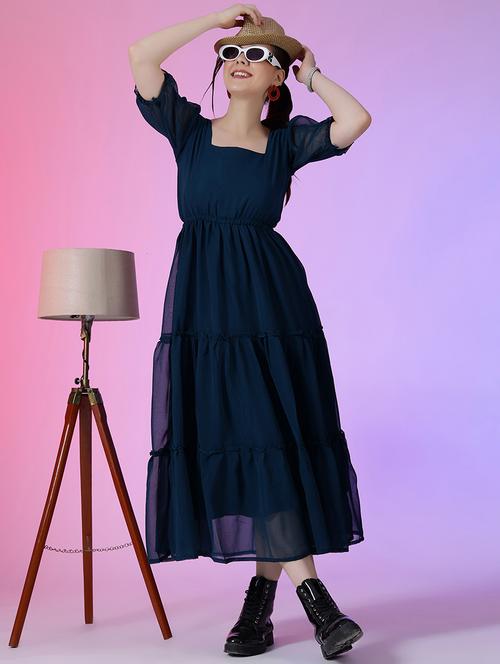 women puff sleeves square neck tiered dress - 21796682 -  Standard Image - 0