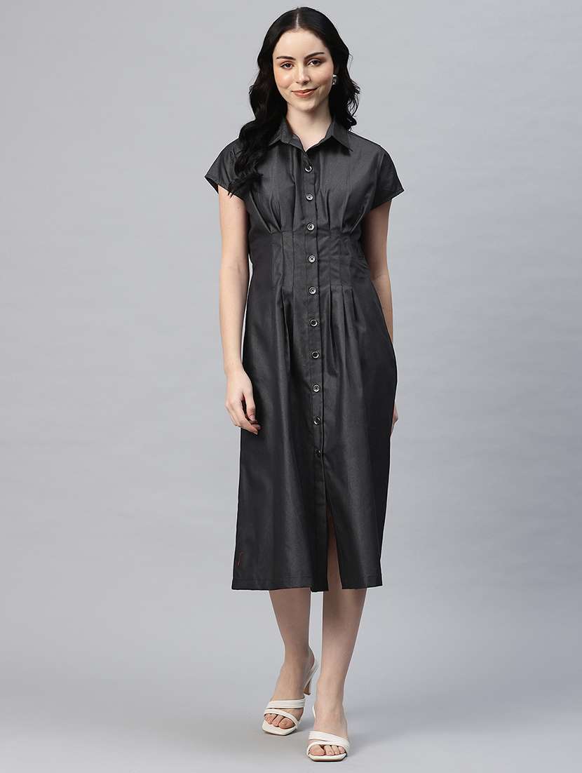 women solid collared shirt dress