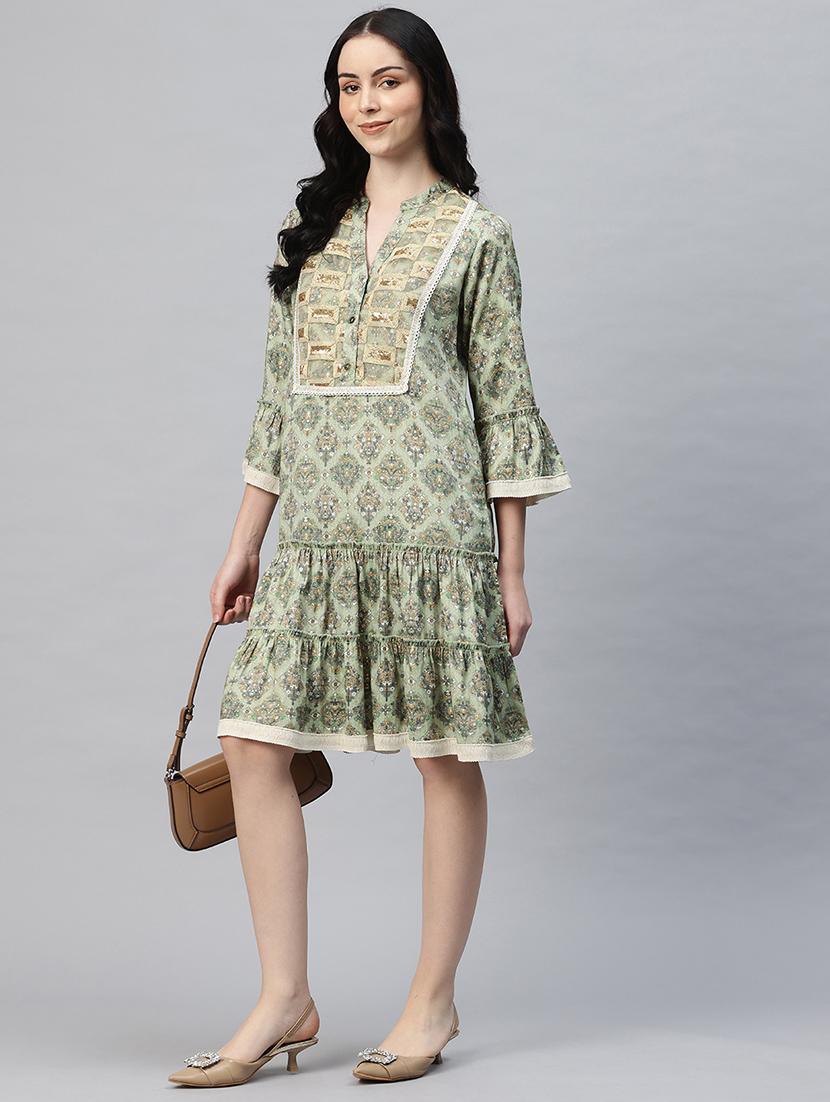 women printed mandarin neck tiered dress - 21796768 - Standard Image - 1