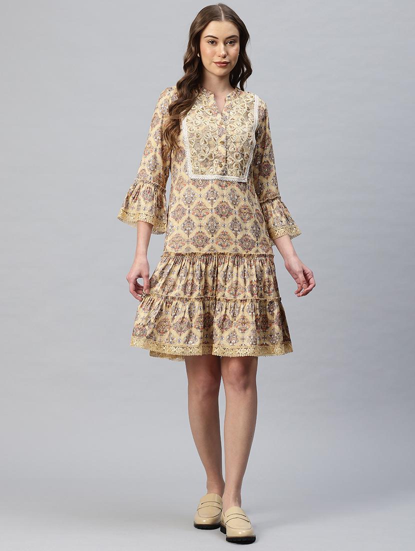 women printed bell sleeves tiered dress - 21796769 - Standard Image - 1
