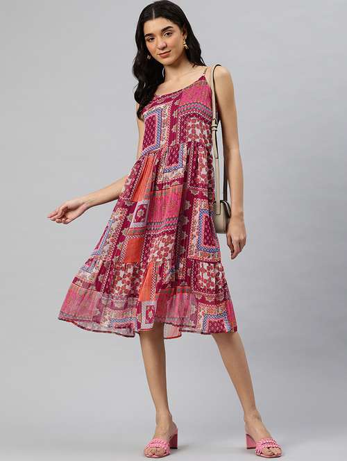 women printed shoulder strap sleeveless tiered dress - 21796770 - Standard Image - 0