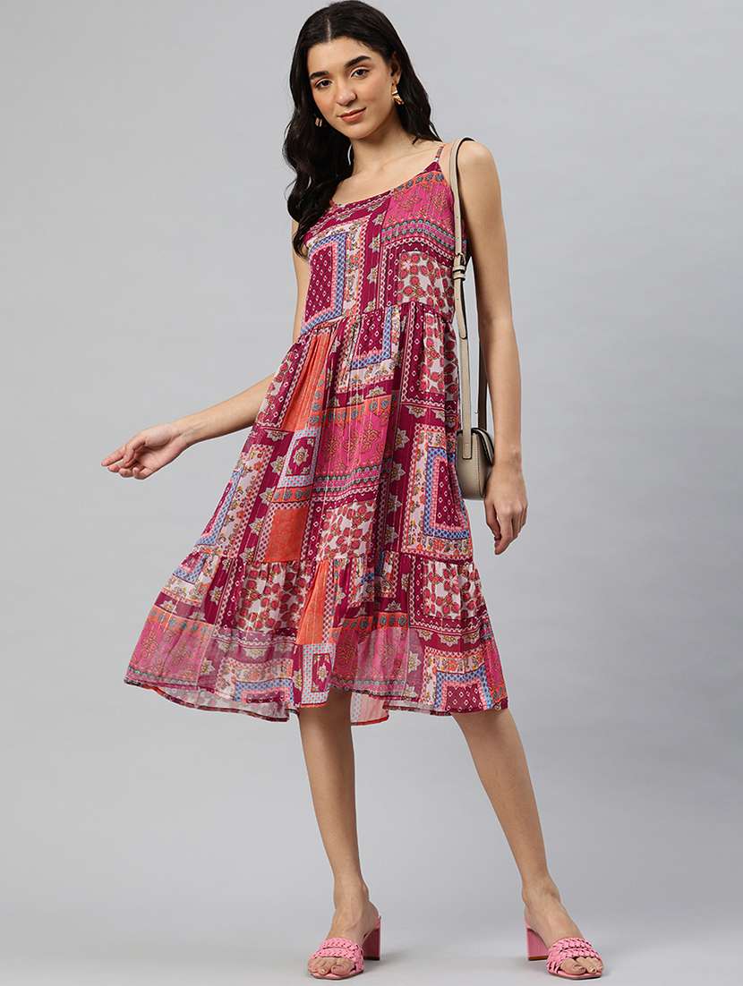 women printed shoulder strap sleeveless tiered dress - 21796770 - Zoom Image - 0