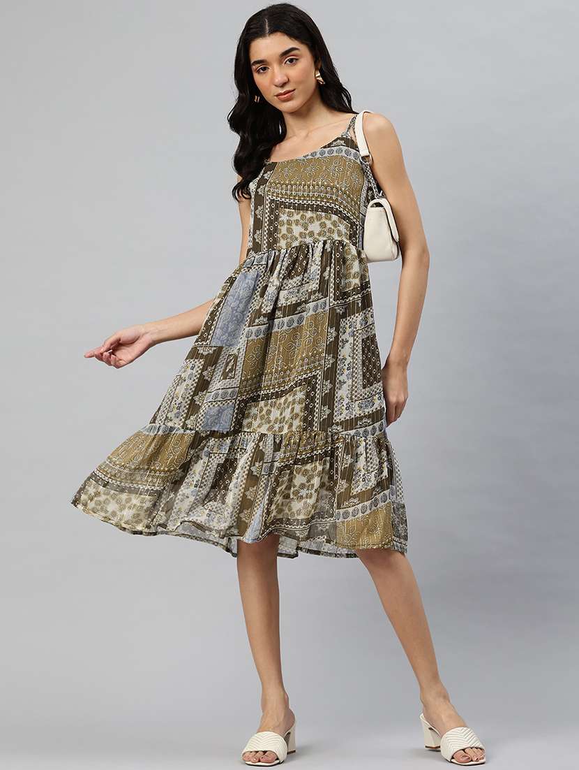 women printed shoulder strap sleeveless tiered dress