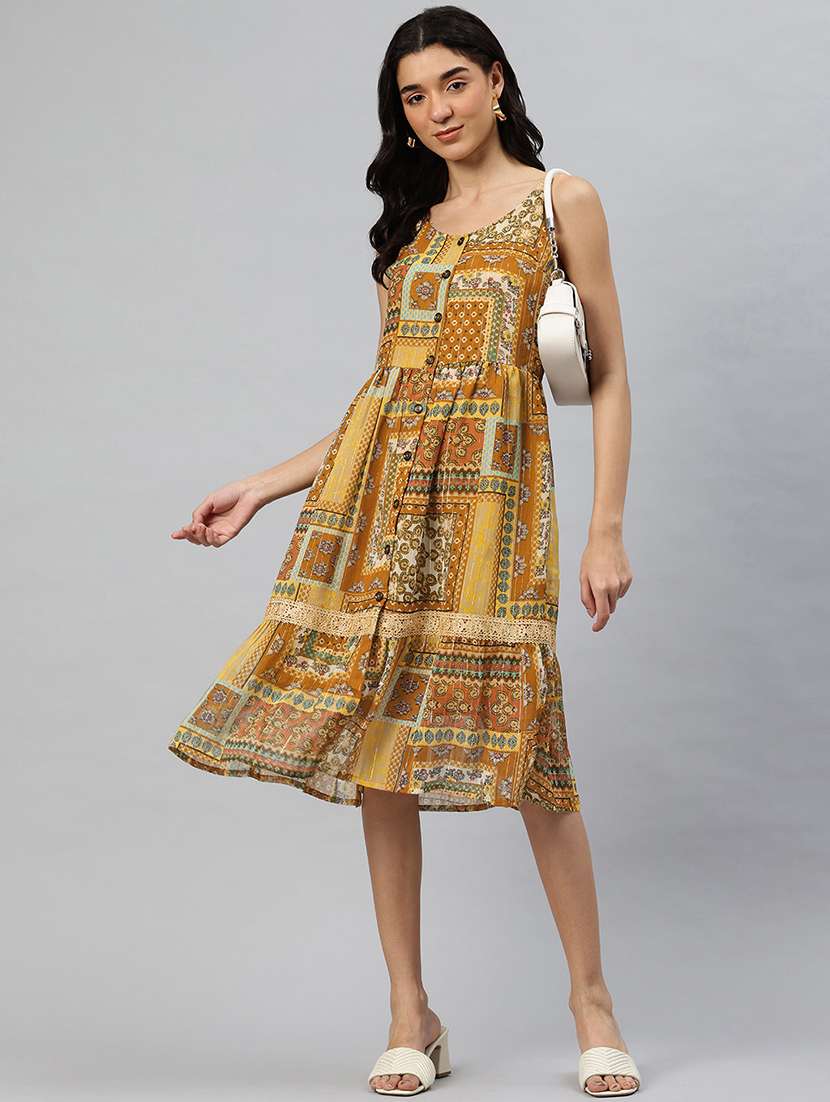 women printed shoulder strap sleeveless dress