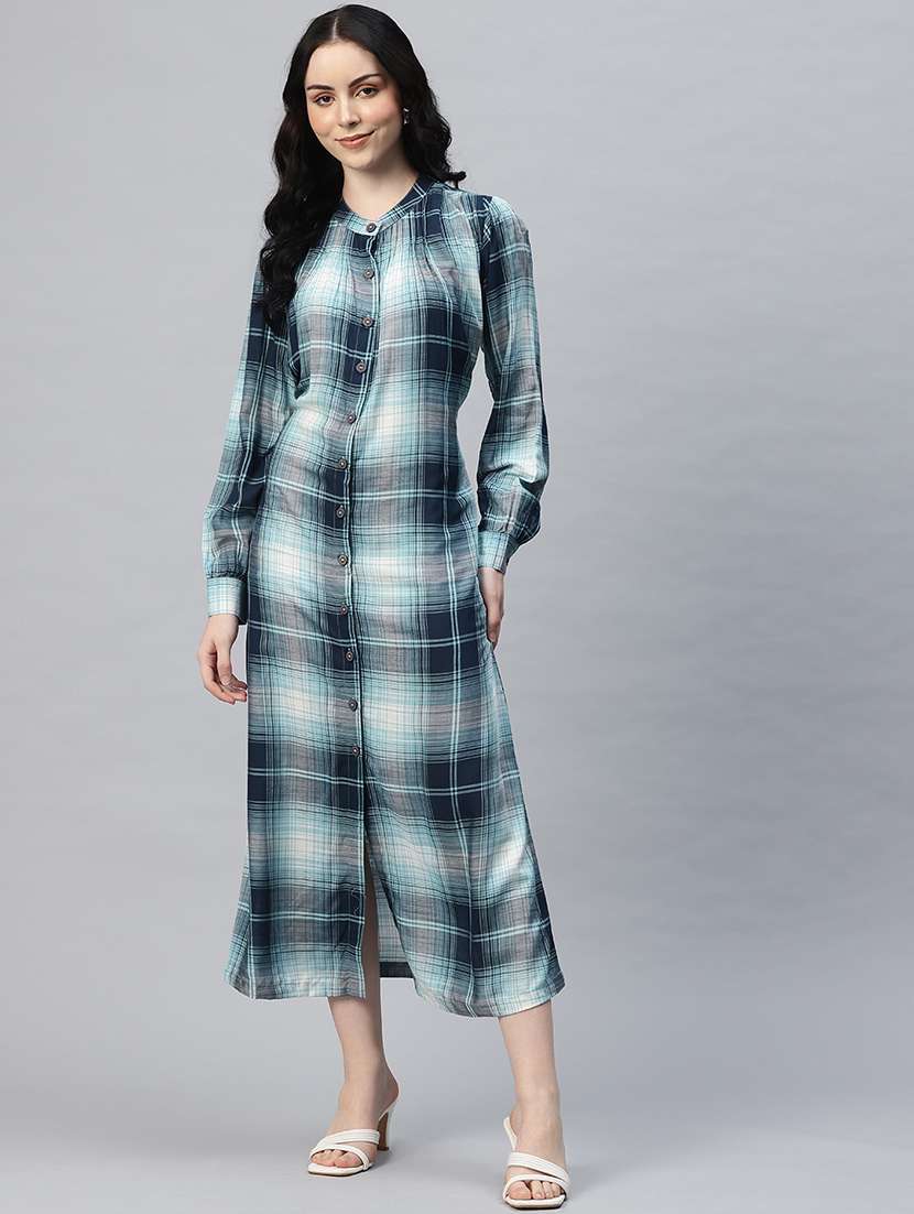 women checkered mandarin neck shirt dress - 21796775 -  Standard Image - 1