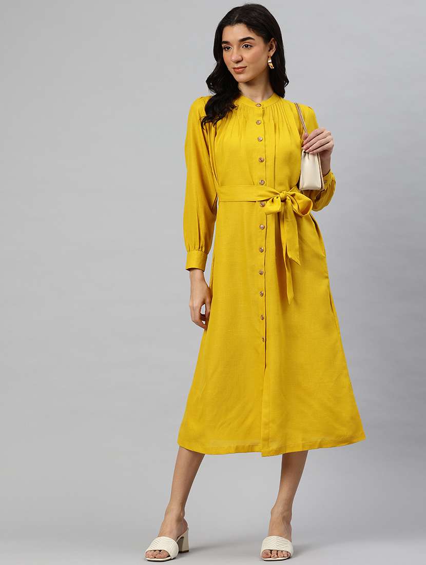 women solid mandrain neck a-line dress