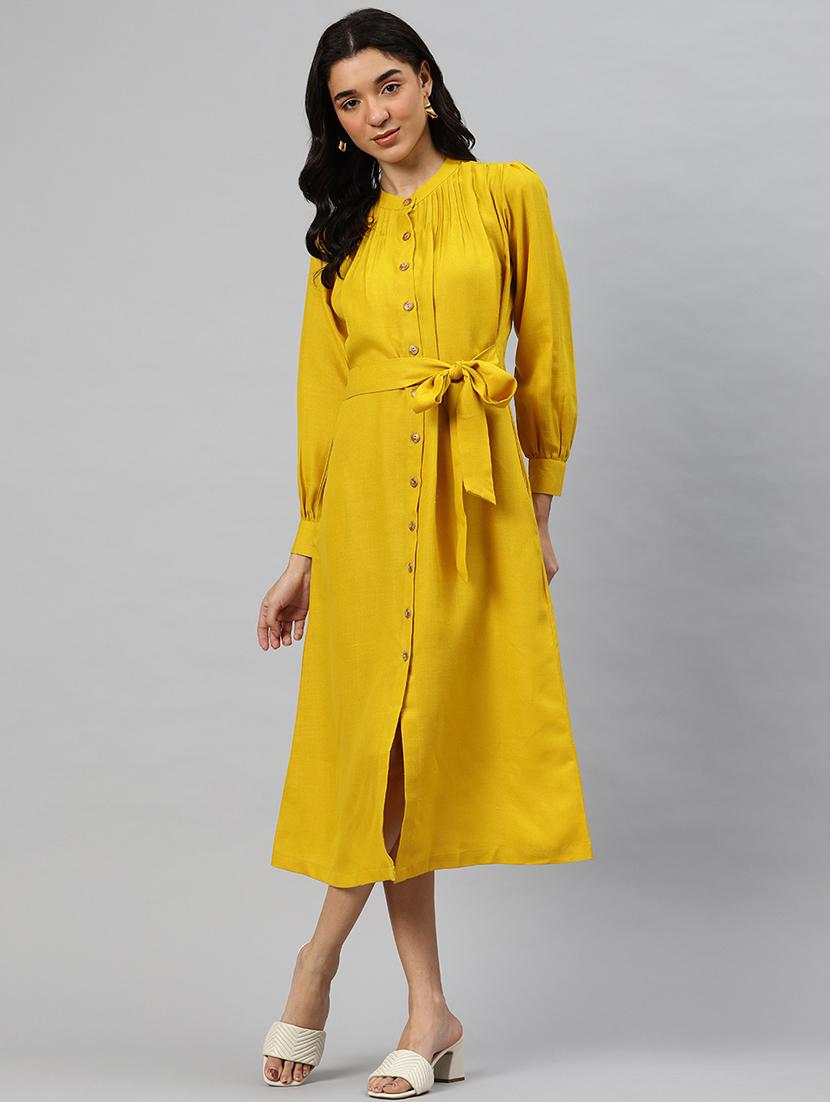 women solid mandrain neck a-line dress - 21796776 - Standard Image - 1