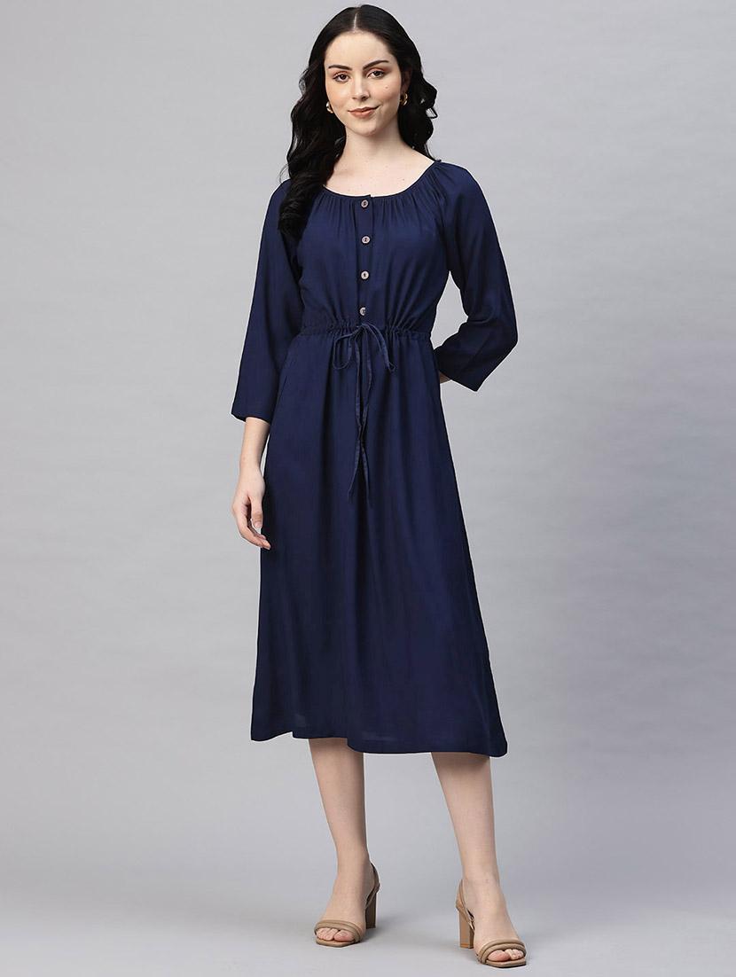 women solid round neck a-line dress - 21796777 - Standard Image - 1