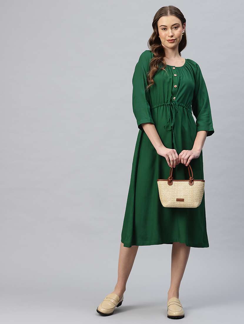 women solid round neck a-line dress