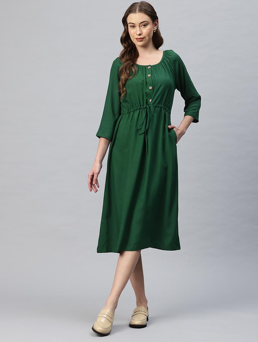 women solid round neck a-line dress - 21796778 - Standard Image - 1