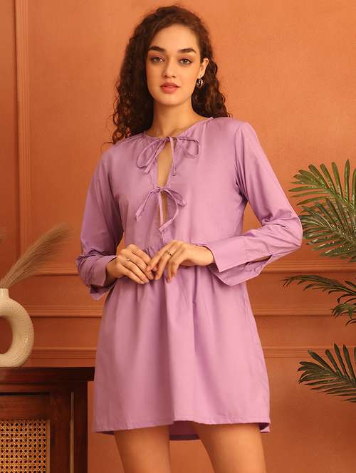 women tie-up neck long sleeves a-line dress - 21796964 -  Standard Image - 0