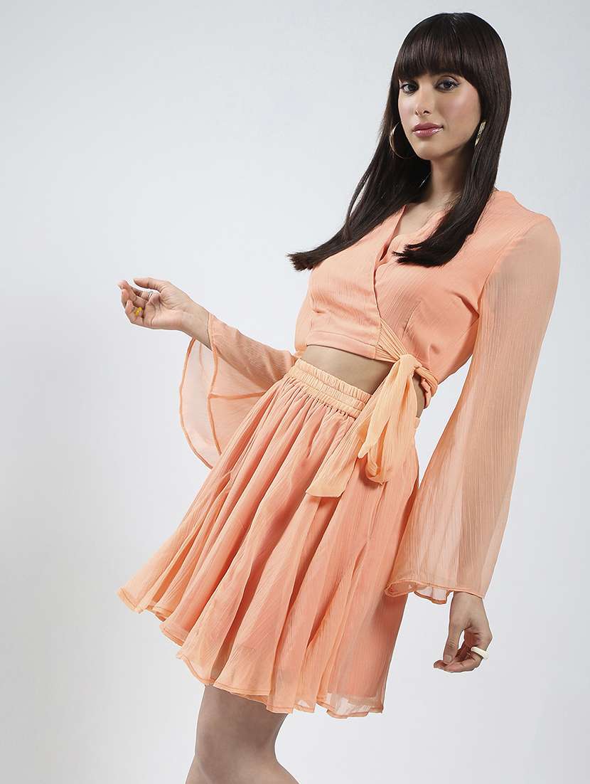 women solid bell sleeves top and skirt co-ord set - 21797003 - Standard Image - 1