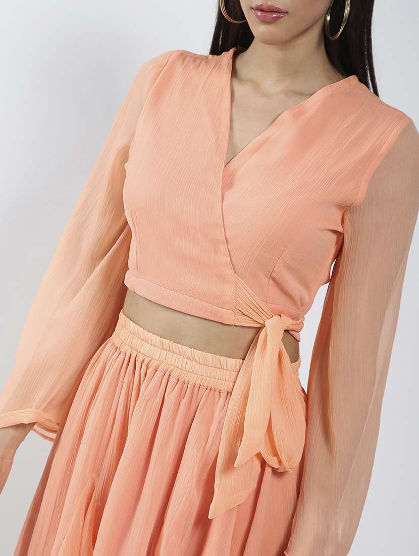 women solid bell sleeves top and skirt co-ord set - 21797003 - Standard Image - 4