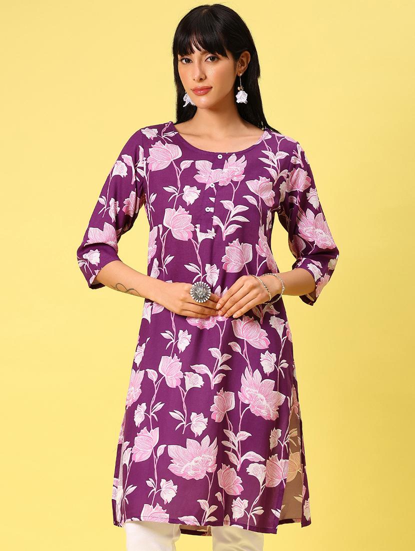 women purple floral print straight kurta - 21829900 - Standard Image - 1