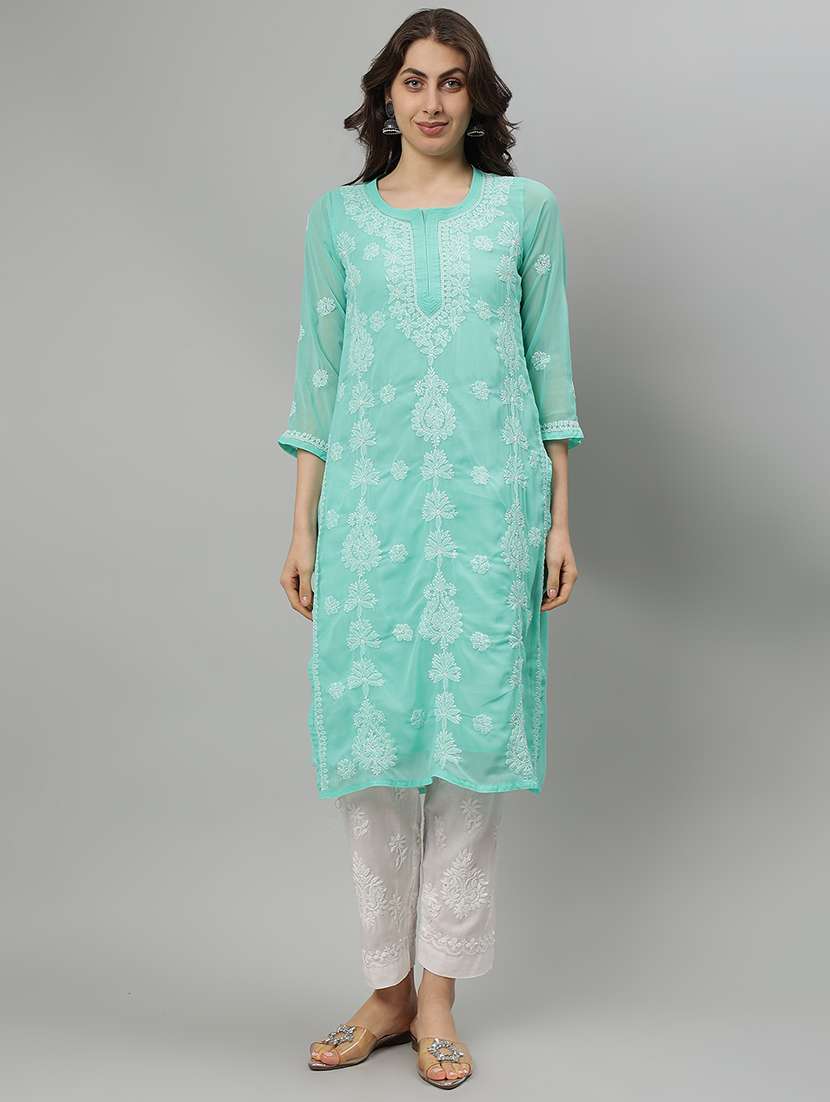 women three quarter sleeve straight chikankari kurta