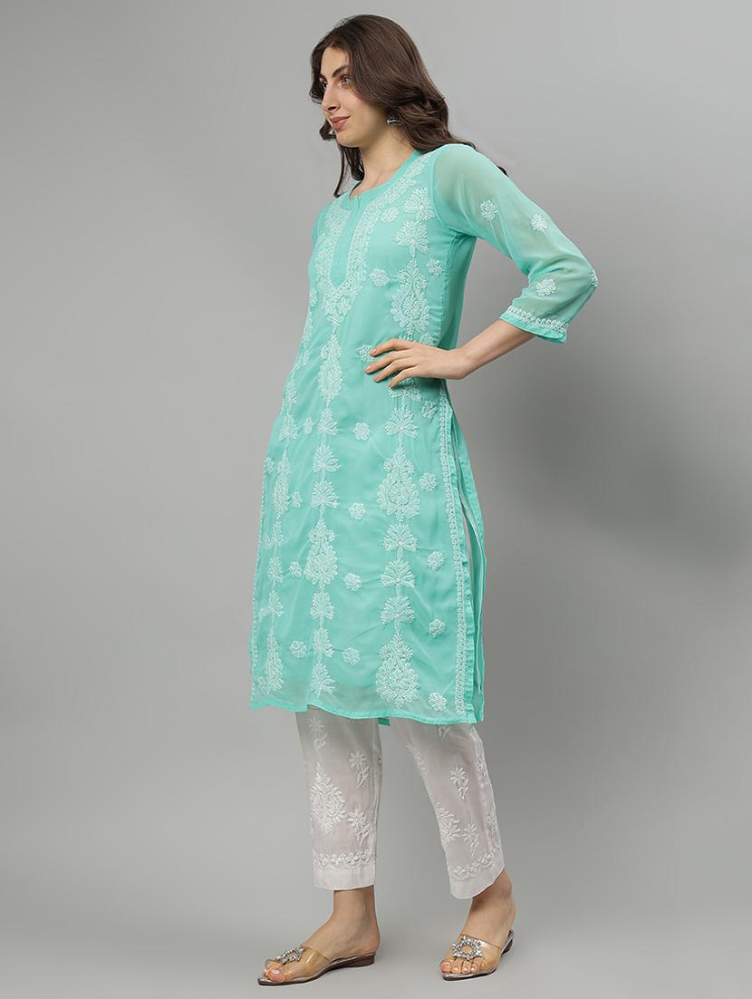 women three quarter sleeve straight chikankari kurta - 21839455 -  Standard Image - 1