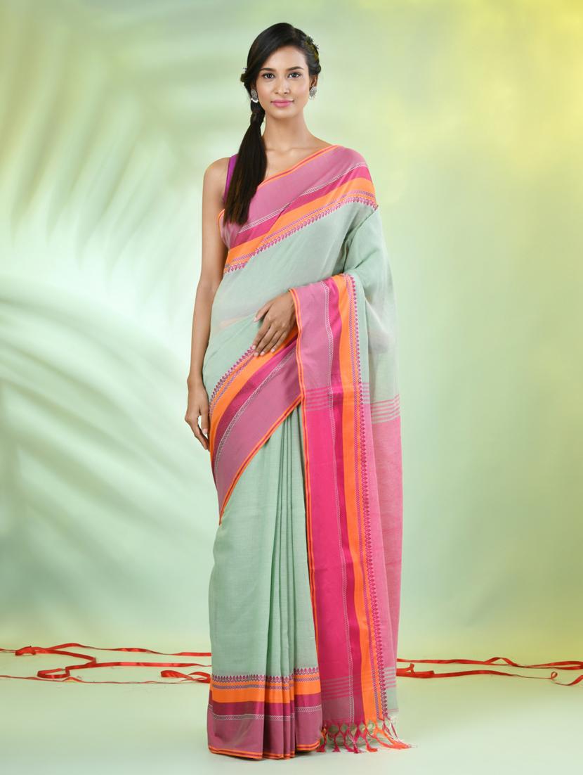 green cotton handloom saree with blouse - 21839463 - Zoom Image - 0