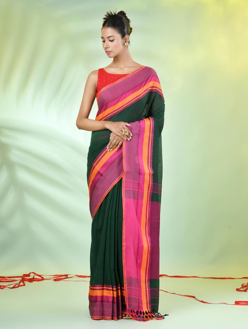 green cotton handloom saree with blouse - 21839467 - Standard Image - 1