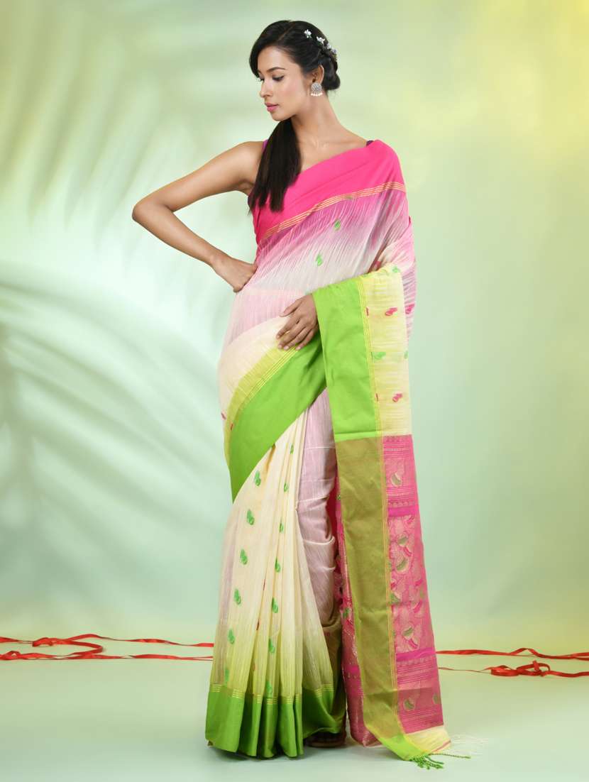 women off white handloom saree with blouse - 21839488 -  Standard Image - 1