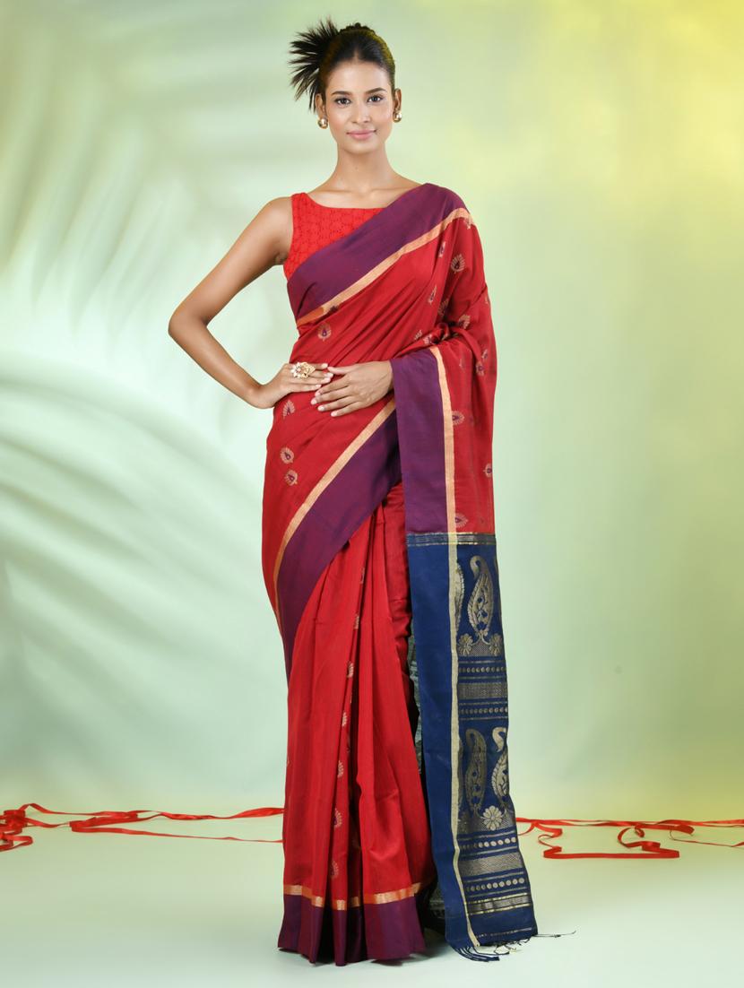 women red handloom saree with blouse - 21839508 -  Zoom Image - 0