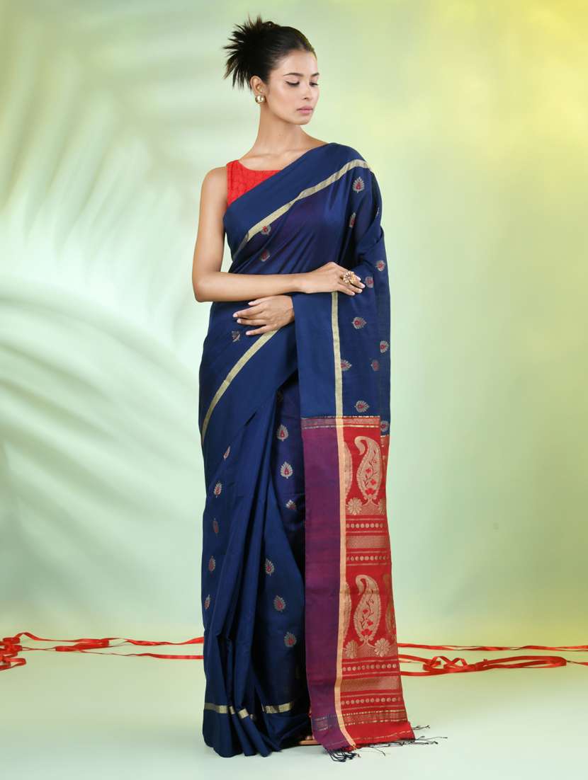 women blue handloom saree with blouse - 21839509 -  Standard Image - 1