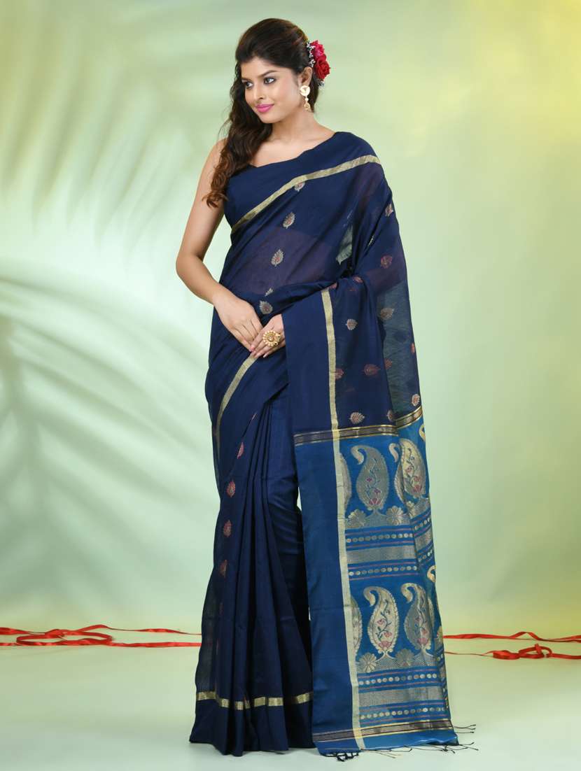 women blue handloom saree with blouse - 21839510 -  Standard Image - 1