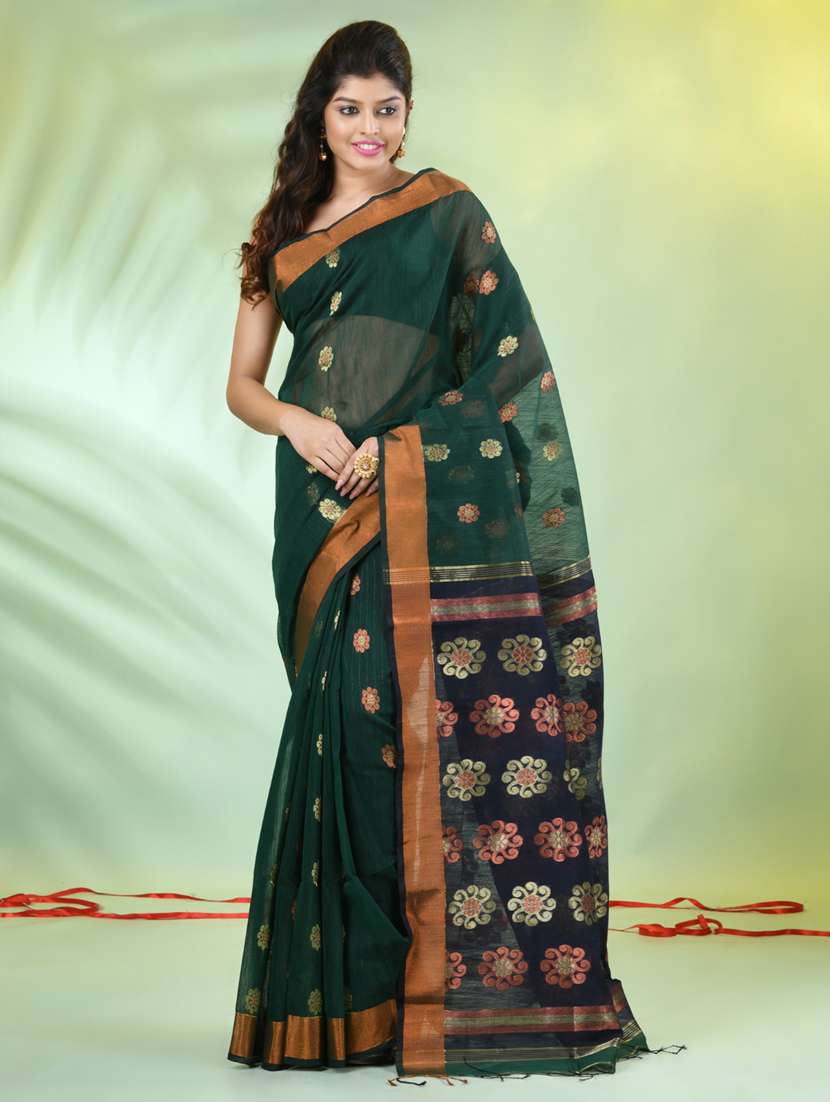 women bottle green handloom saree with blouse - 21839513 -  Standard Image - 1