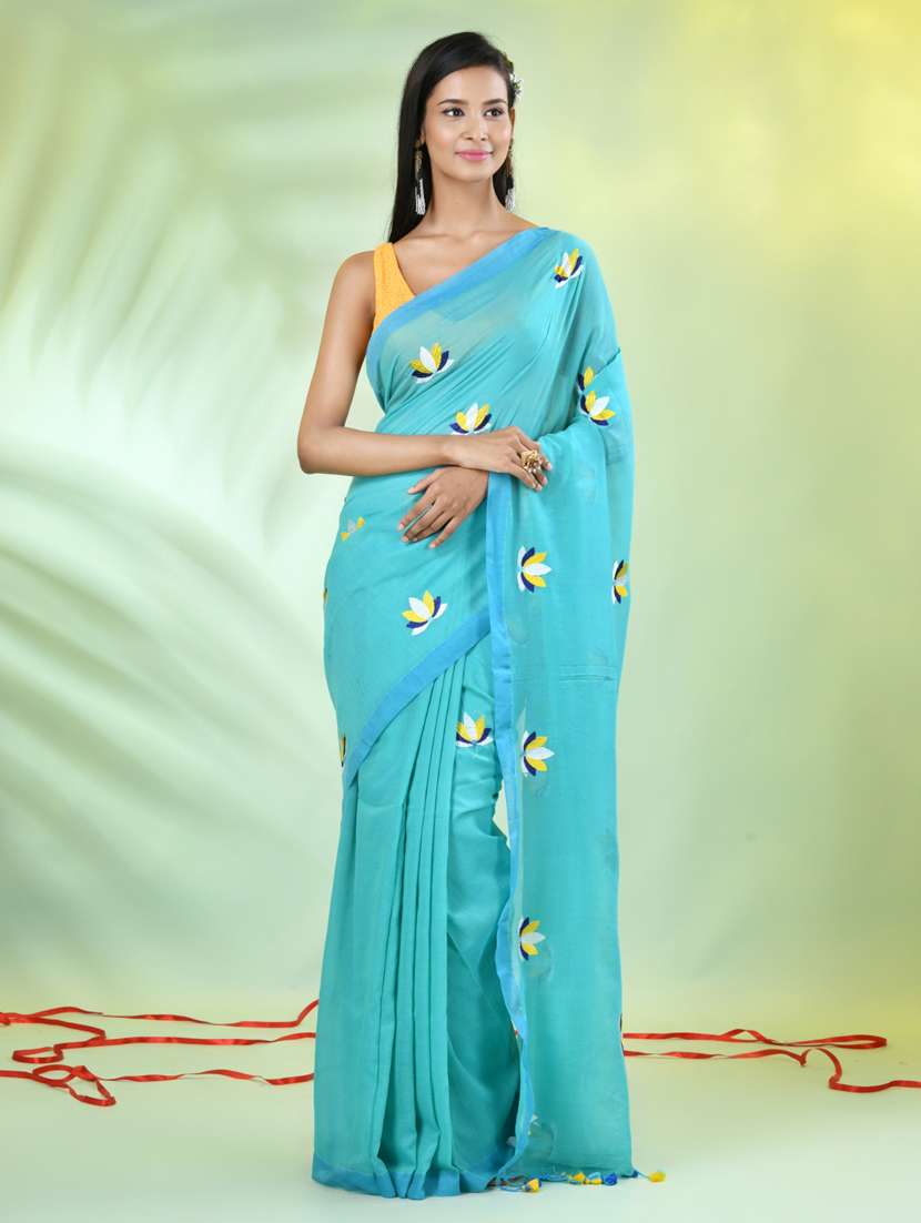 women turquoise embroidered saree with blouse - 21839562 -  Standard Image - 1