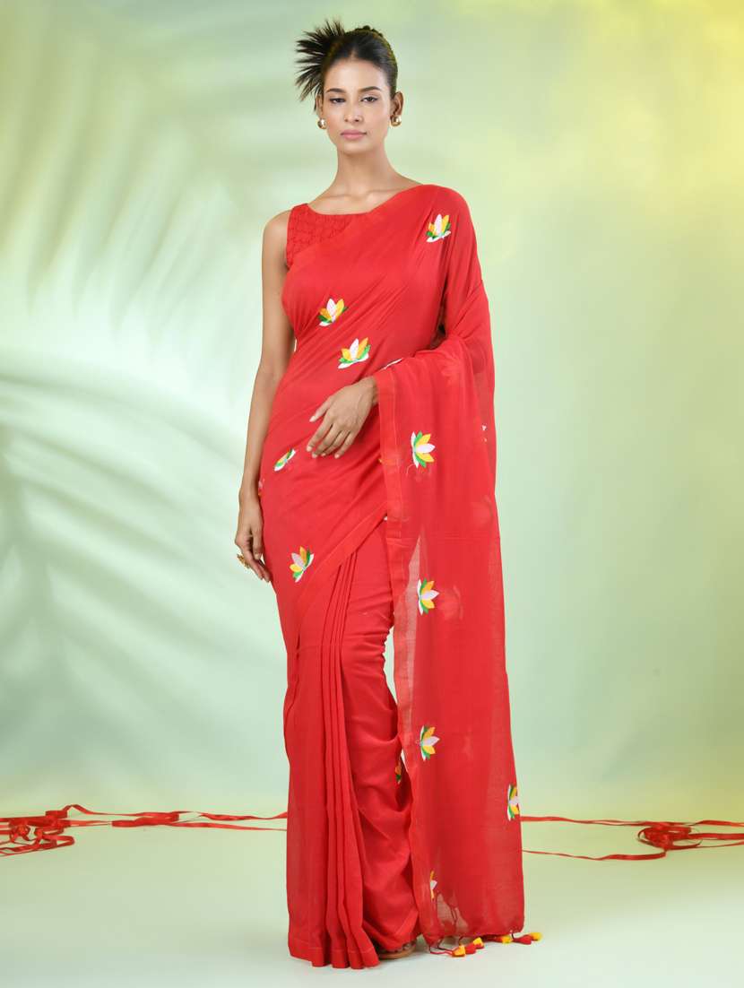 women red embroidered saree with blouse