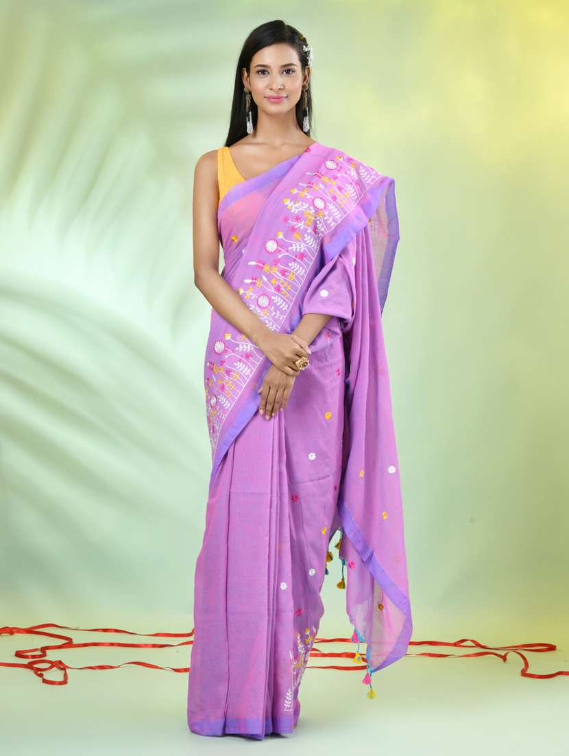 women lavender embroidered saree with blouse