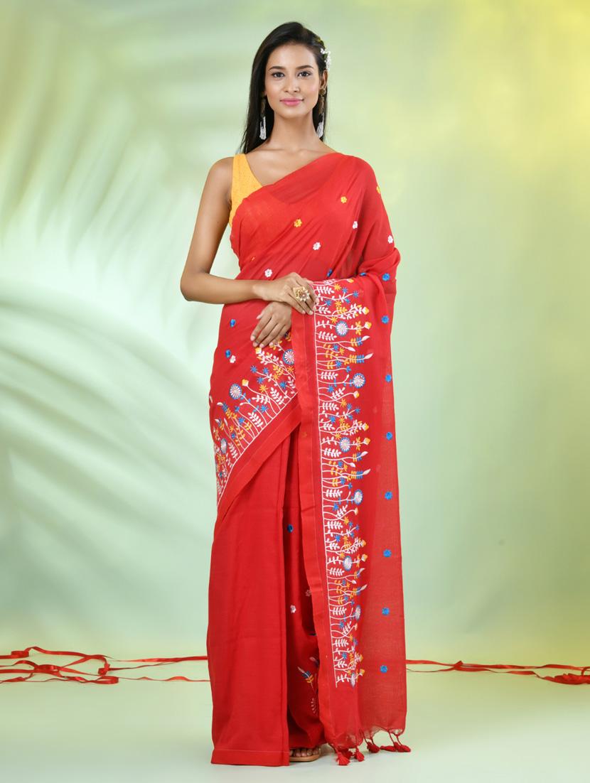 women red embroidered saree with blouse - 21839592 - Zoom Image - 0